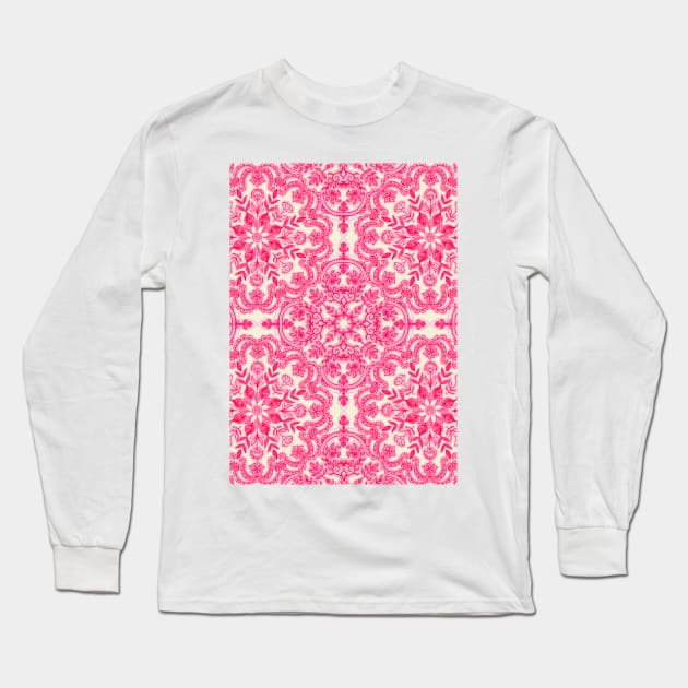 Hot Pink & Soft Cream Folk Art Pattern Long Sleeve T-Shirt by micklyn